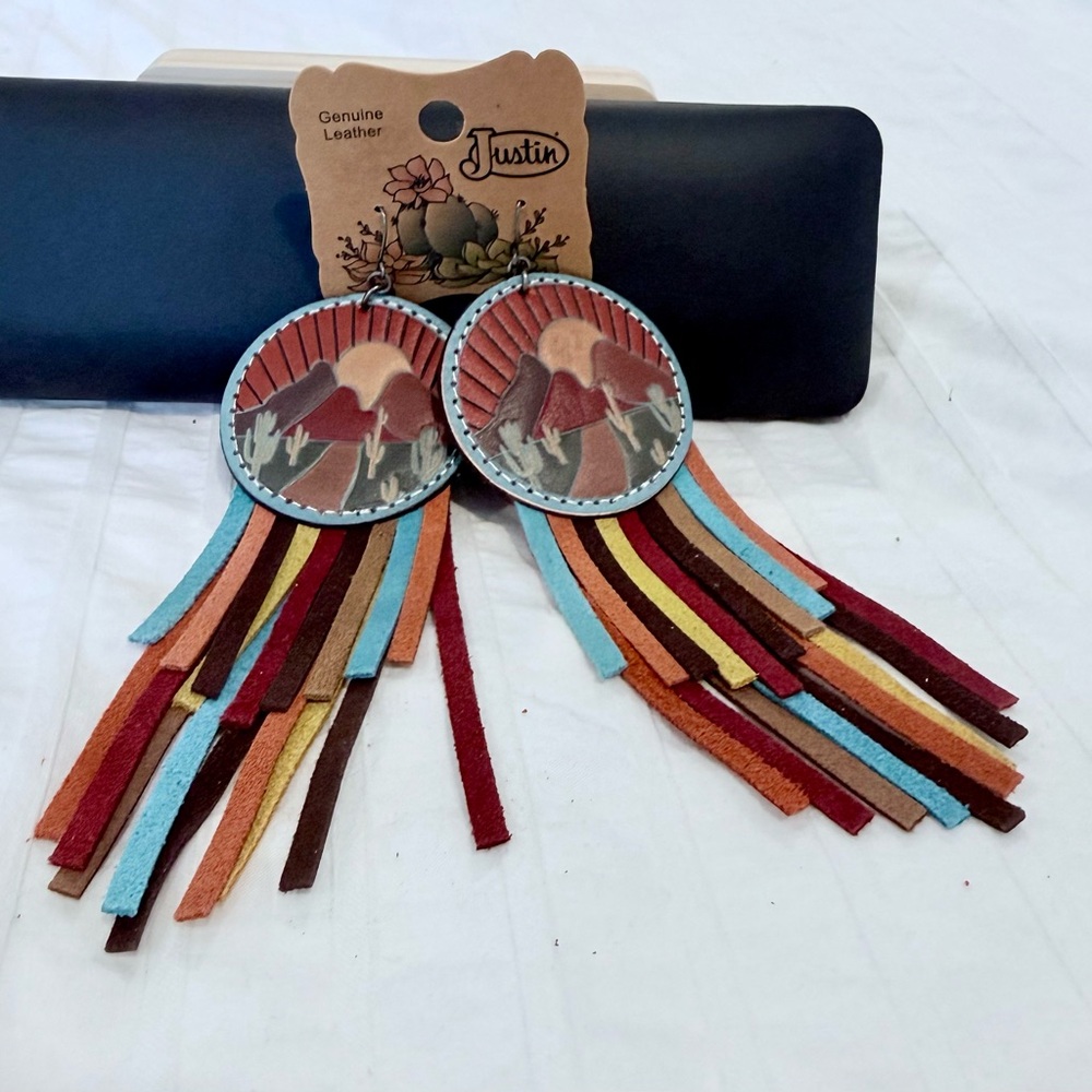 Justin Boots Multicolor Leather Fringe Western Earrings